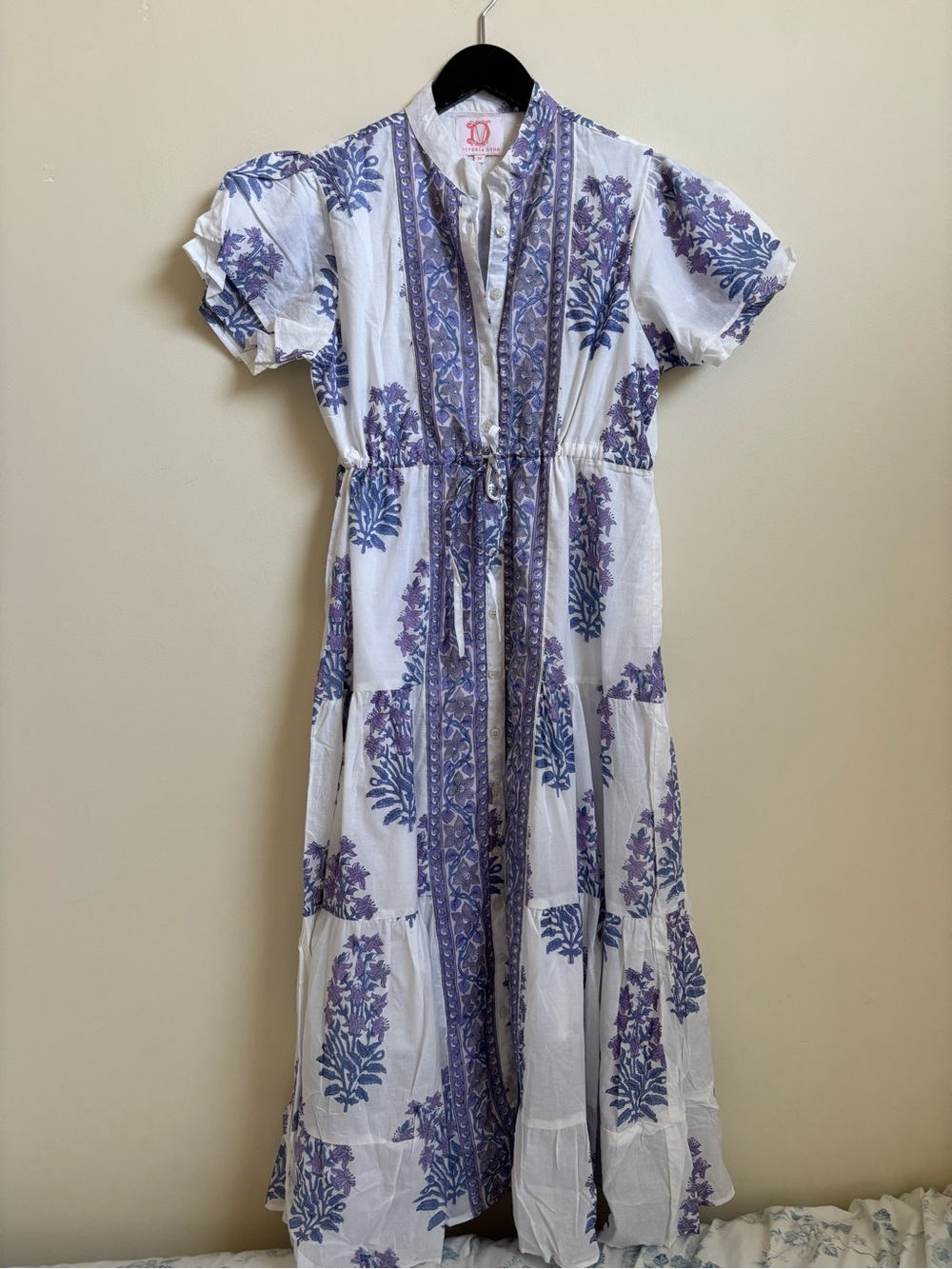Victoria Dunn White Maxi Dress with Purple Floral Print